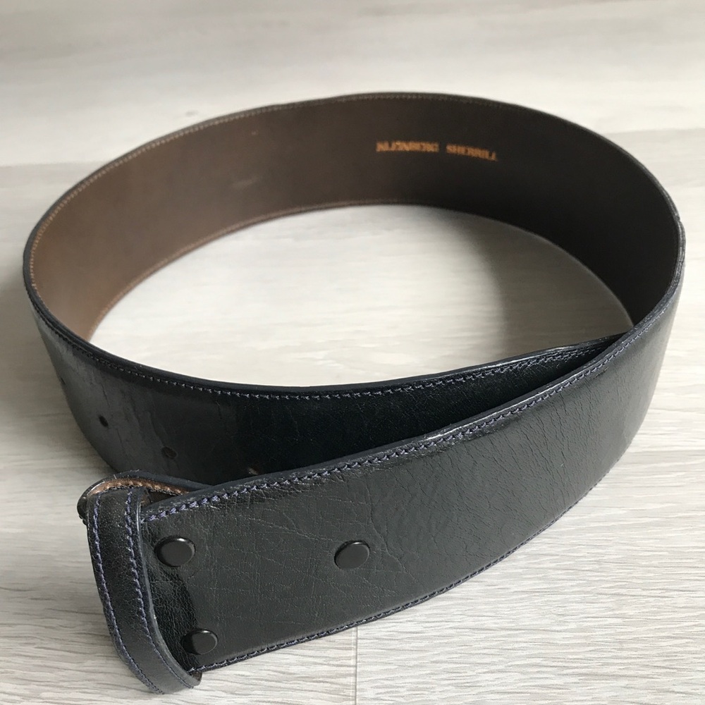 KLEINBERG SHERRILL NAVY WIDE LEATHER BELT NO BUCKLE SMALL